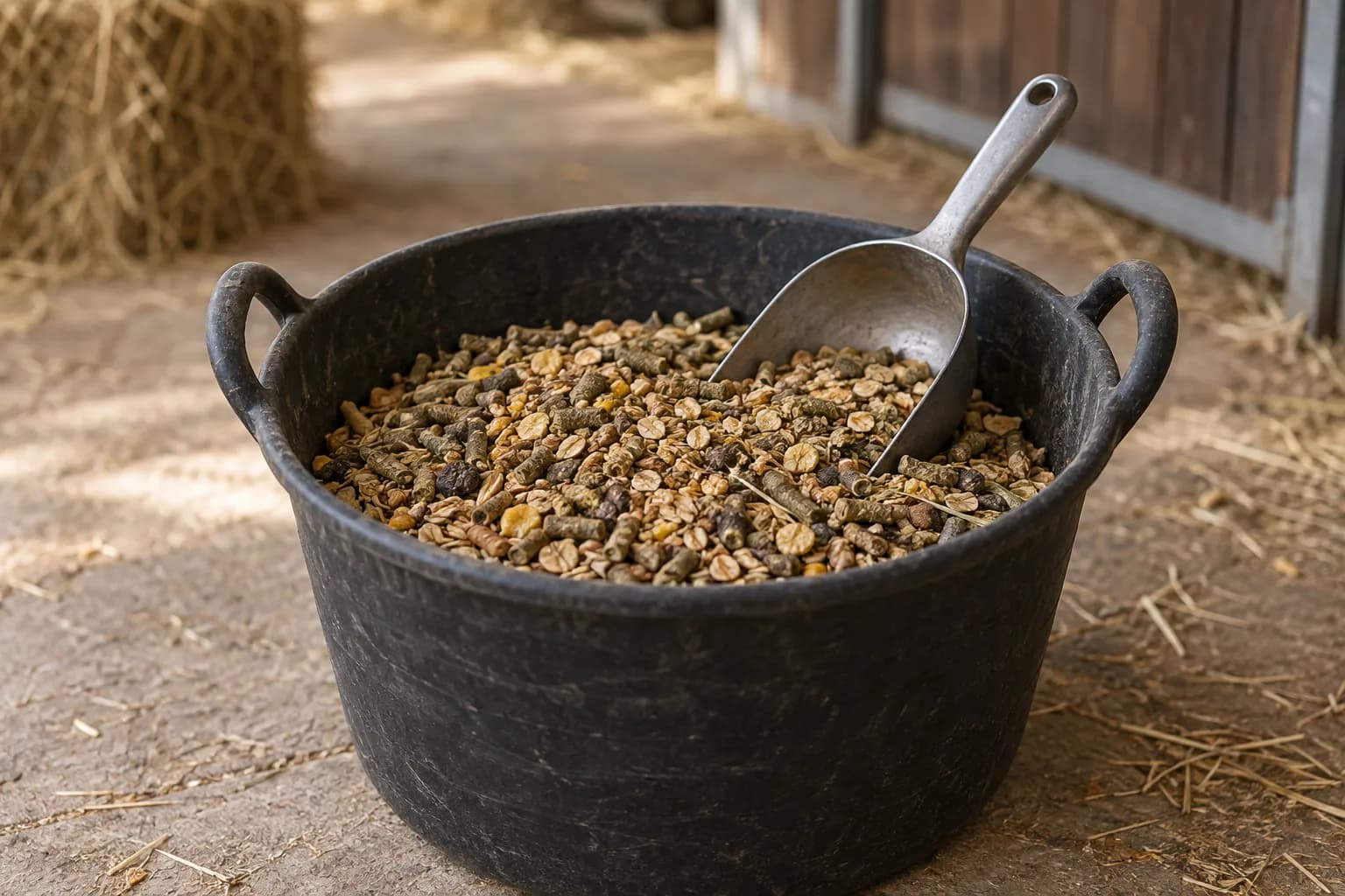 Futtereimer mit Pellets und Müsli, darin eine Futterschaufel