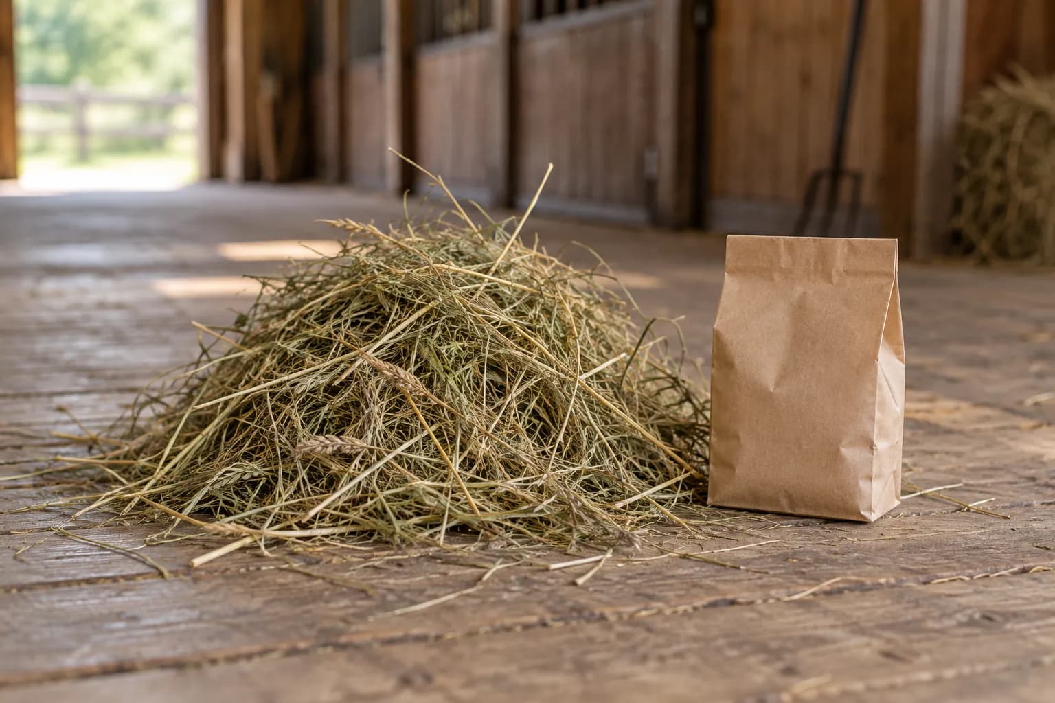 Loses Heu auf einem Holzboden, daneben eine unbedruckte Papiertüte als Heuprobe
