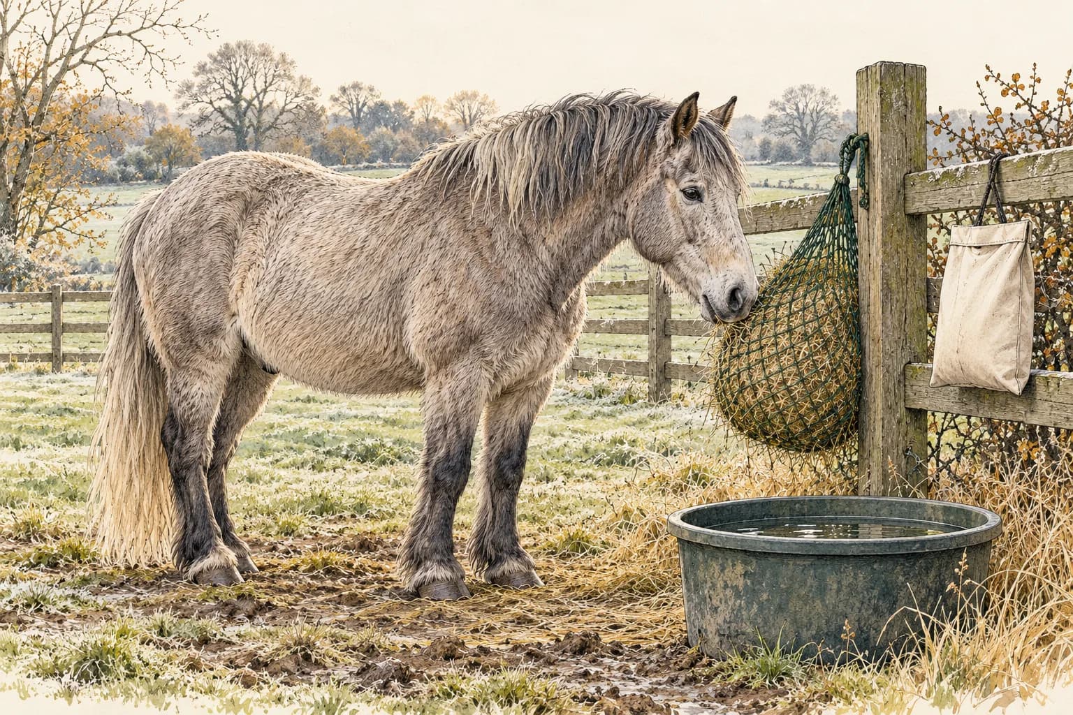 Ein älteres Pferd mit dichtem Winterfell steht ruhig im Paddock neben einem engmaschigen Heunetz und einem Wassertrog; am Zaunpfahl hängt ein Beutel für eine Heuprobe.