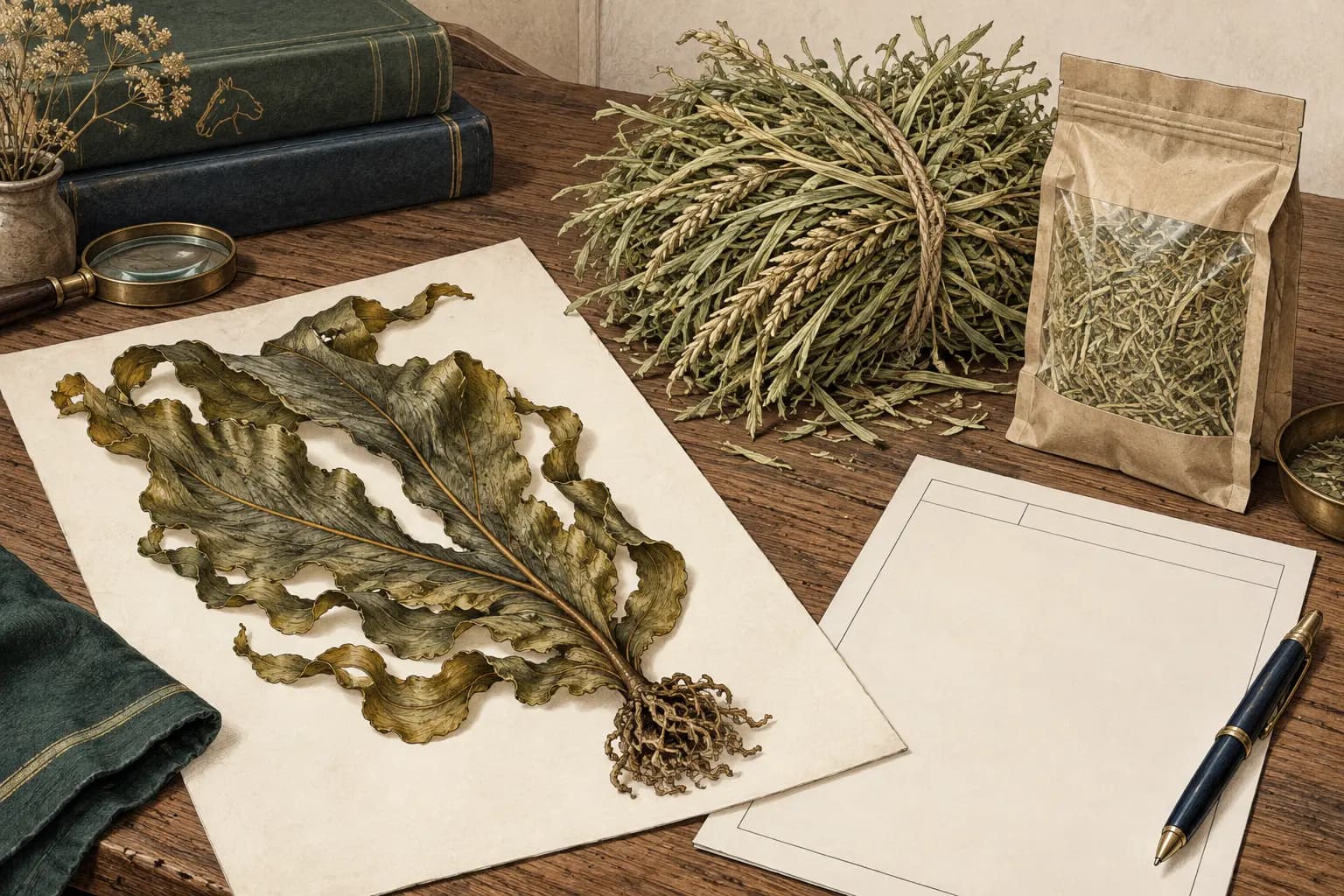 Eine getrocknete Alge als botanisches Exemplar neben Heu, Probenbeutel und unbeschriftetem Laborblatt.