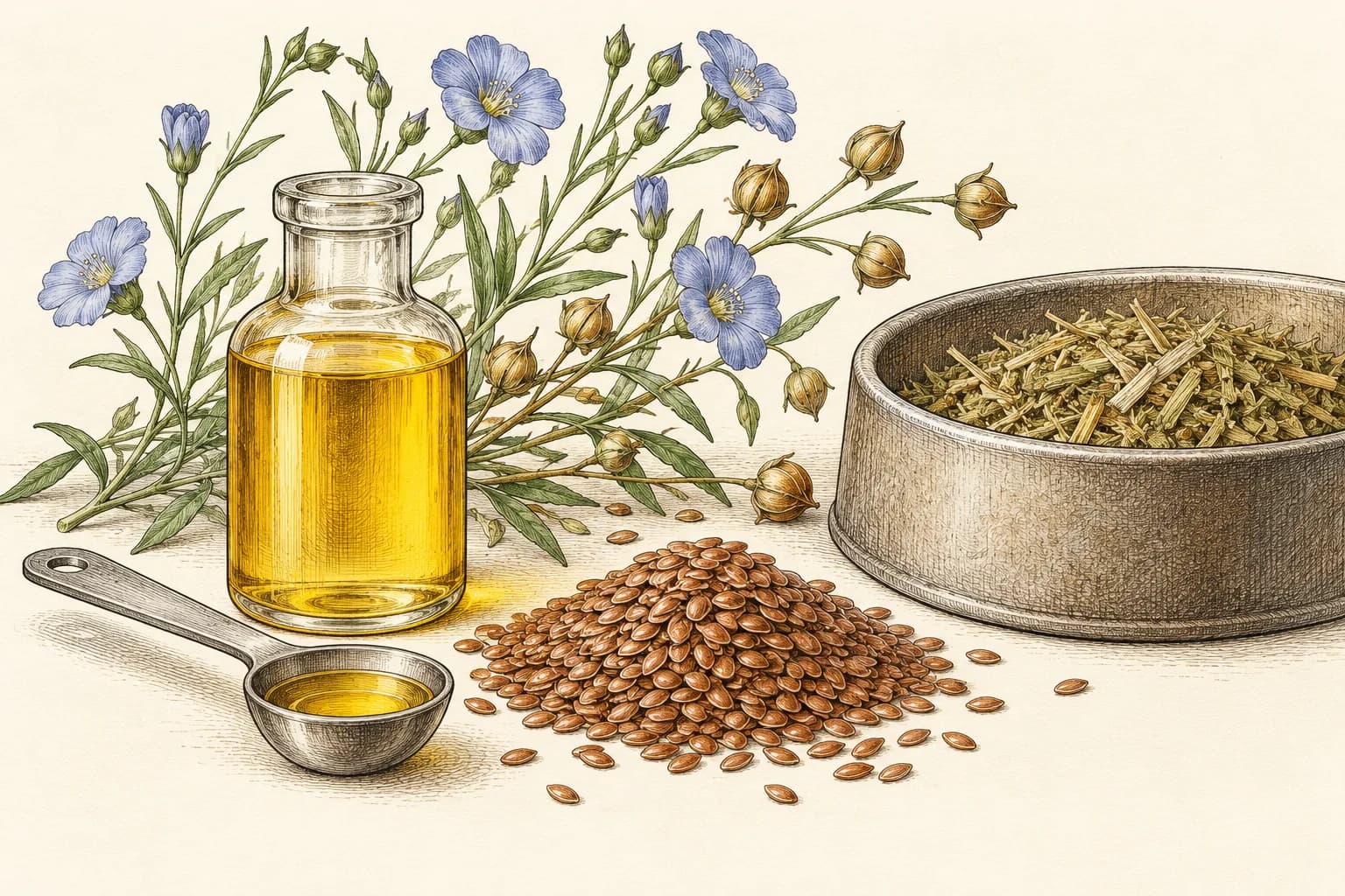 Eine kleine unbeschriftete Glasflasche mit goldenem Leinöl, ein Messlöffel, Flachsstängel mit blauen Blüten und Samenkapseln, ein Häufchen brauner Leinsamen und eine Futterschüssel mit Heuhäcksel.