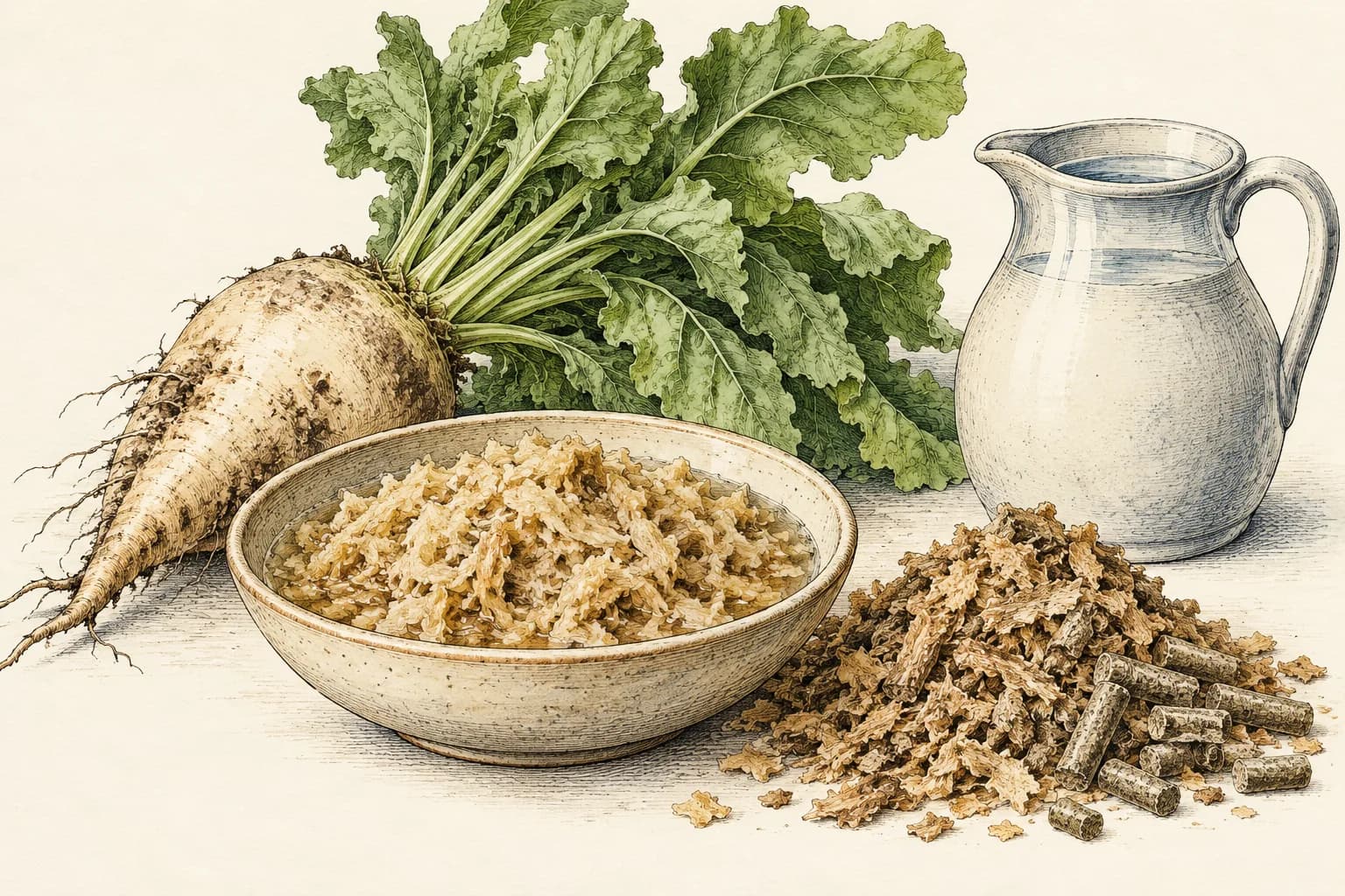 Eine Keramikschale mit eingeweichten, aufgequollenen Rübenschnitzeln neben einem kleinen Häufchen trockener Schnitzel und Pellets, einer ganzen Zuckerrübe mit Blättern und einem Wasserkrug.