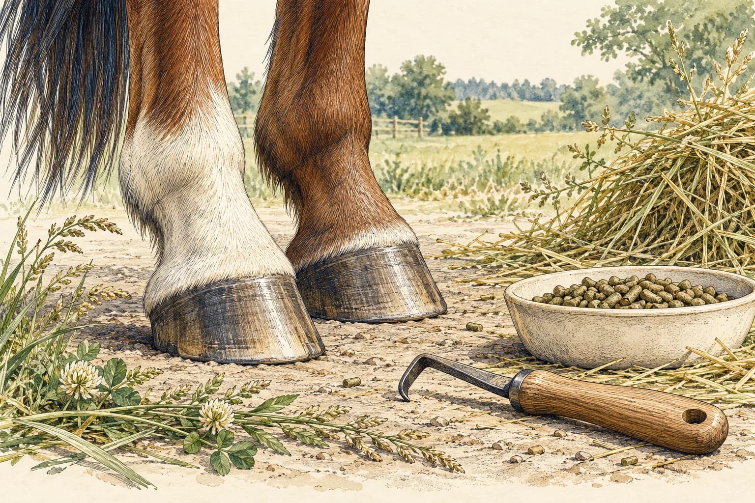Ein gesunder, unbeschlagener Pferdehuf auf festem Boden, daneben ein Hufkratzer, eine kleine Schale mit Futterkörnchen, Wiesengras und am Rand ein Heubündel.