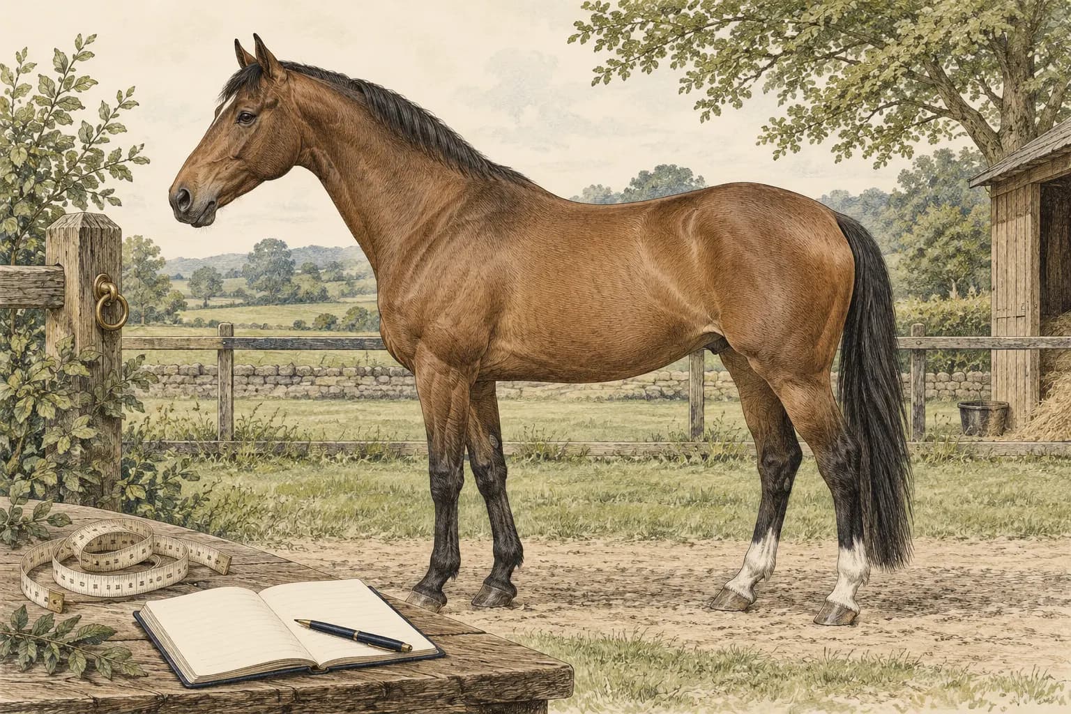 Ein Pferd im Seitenprofil, davor ein zusammengerolltes Maßband ohne Zahlen und ein offenes Notizbuch.