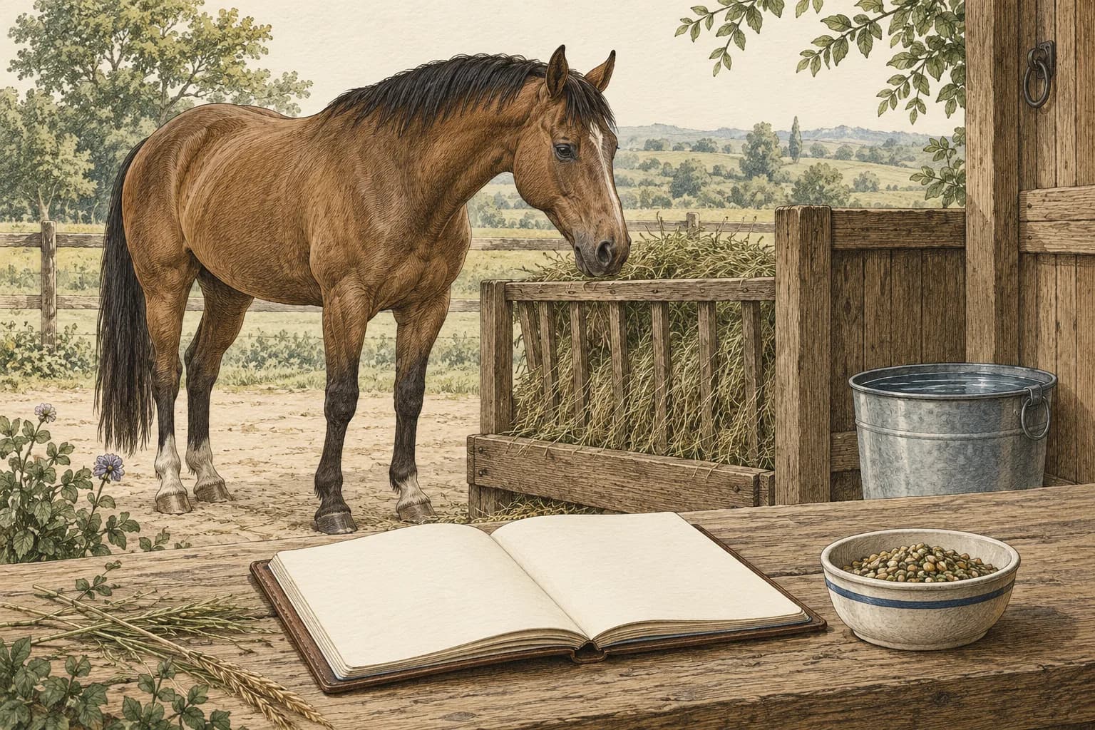 Ein Pferd an einer Heuraufe mit Wassereimer, daneben ein offenes Notizbuch und eine kleine Futterschale.