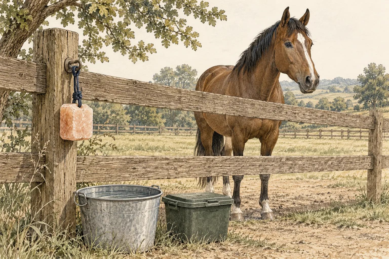 Ein Salzleckstein und ein sauberer Wassereimer am Paddockzaun, dahinter steht ein Pferd.