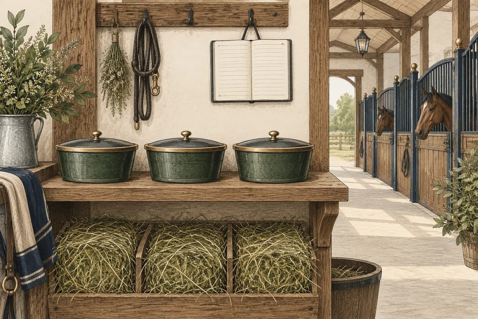 Drei verschlossene Portionsschalen und Heu an einer Futterstation im Stall neben einer unbeschrifteten Tagesliste.