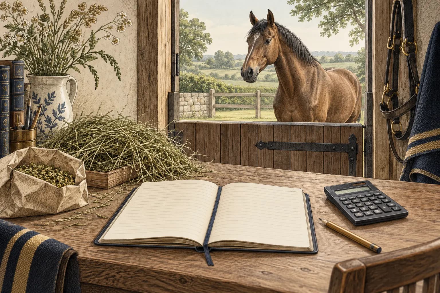 Ein Pferd vor einer Stalltür, im Vordergrund Futtertagebuch, Taschenrechner, Heuprobe und Stift.
