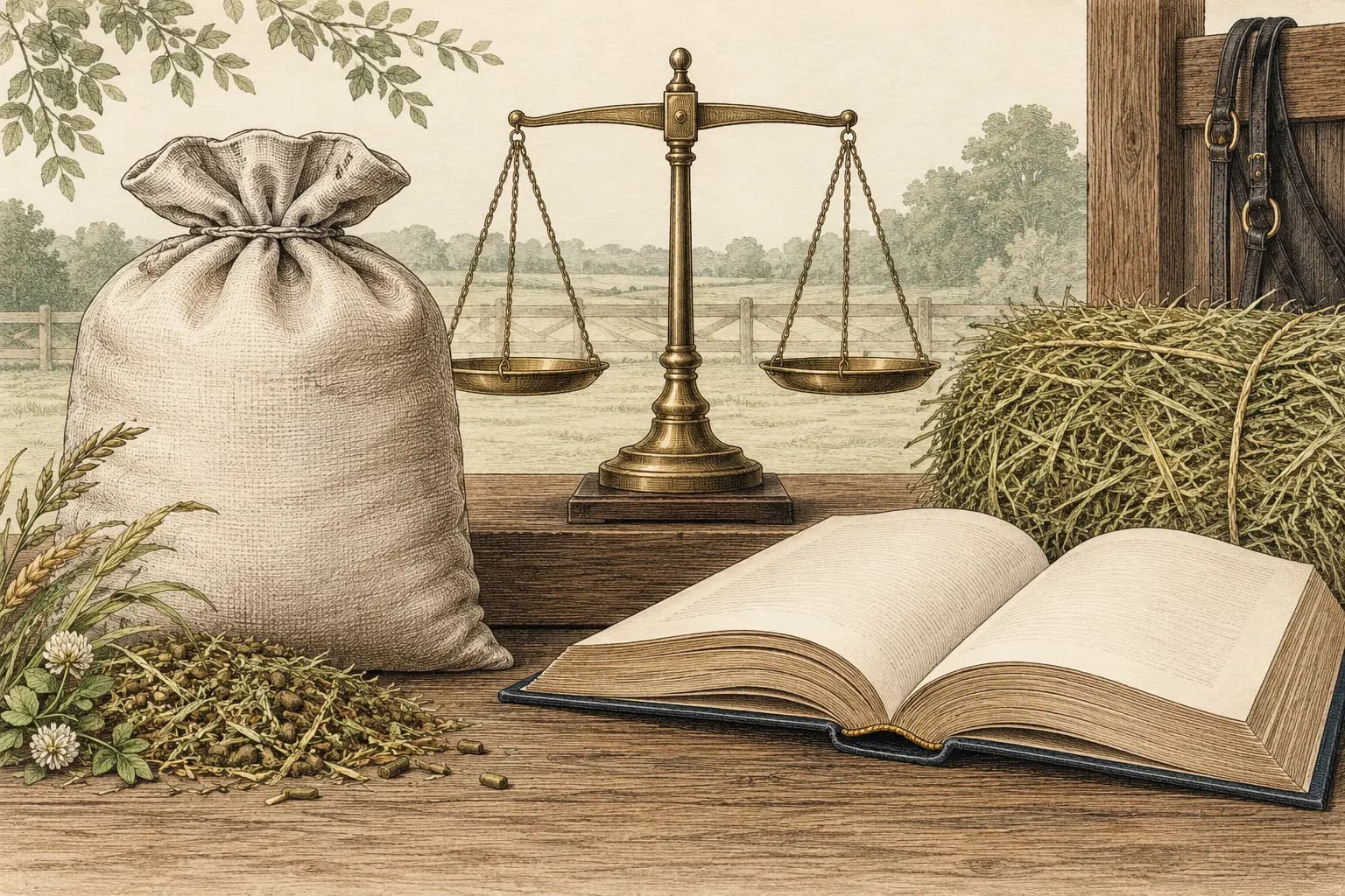 Ein neutraler Futtersack und Heu neben einem offenen Buch und einer einfachen Waage.
