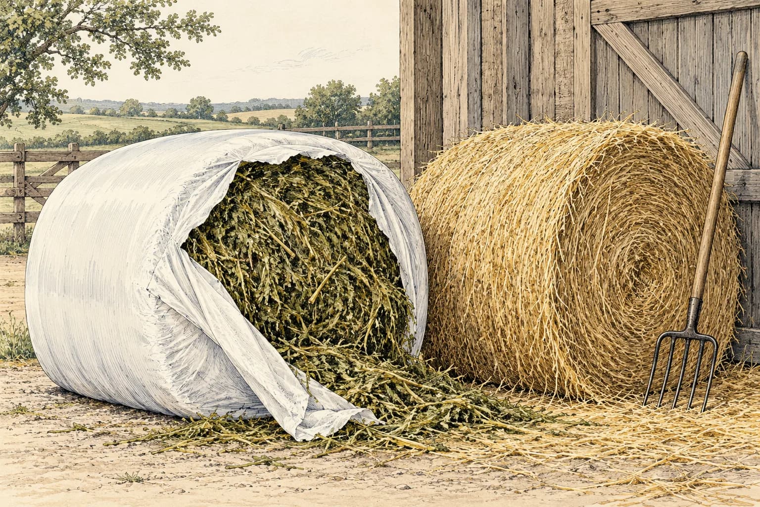 Ein teilweise geöffneter, weiß in Folie gewickelter Rundballen mit feuchter, grünbrauner Heulage neben einem trockenen Heuballen, davor eine Heugabel, im Hintergrund eine Holzwand.