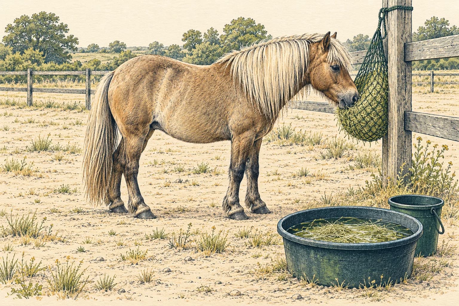 Ein Pony steht auf einem trockenen Sand-Paddocktrail mit wenig Gras, an einem Pfosten hängt ein engmaschiges Heunetz; im Vordergrund eine Wanne mit eingeweichtem Heu neben einem Eimer.