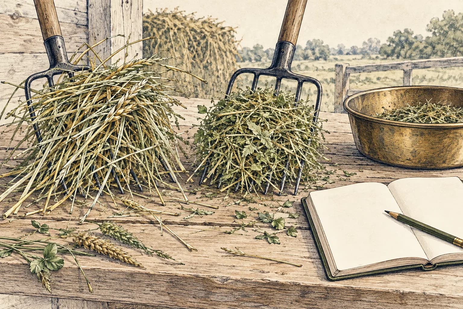 Zwei Heugabeln Heu auf einem Holzbrett, links langhalmig und grob, rechts kurz und fein, daneben eine Heugabel, eine Futterschüssel und ein offenes, leeres Notizbuch mit Bleistift.