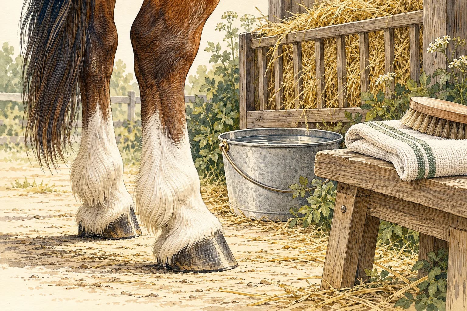 Gesunde Hinterbeine eines Pferdes mit sauberem Fesselbehang auf trockenem Boden, daneben Heuraufe und Wassereimer; auf einer Holzbank liegen eine weiche Bürste und ein gefaltetes Handtuch.