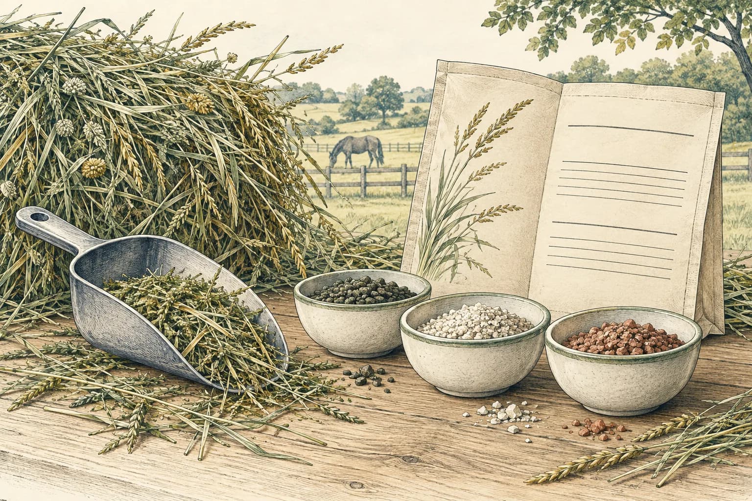 Heu, eine Futterschaufel und drei Schalen mit Mineralgranulaten vor einem unbeschrifteten Deklarationsblatt.