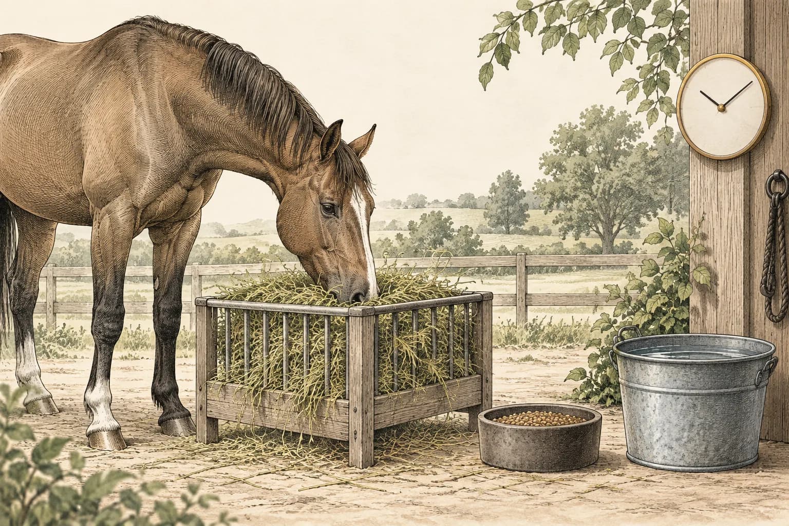 Ein Pferd an einer Heuraufe neben einer kleinen Futterschale, einem Wassereimer und einer Uhr ohne Zahlen.