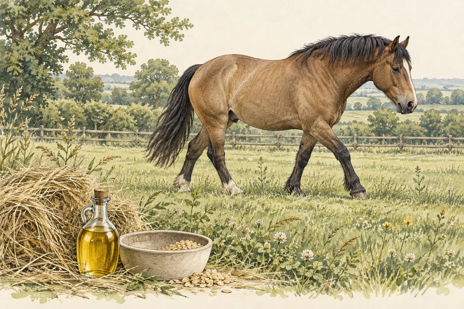 Ein ruhiges, kräftiges Pferd läuft entspannt über einen Wiesenpaddock; im Vordergrund liegen ein Heubündel, eine unbeschriftete Flasche mit goldenem Pflanzenöl und eine Futterschüssel.