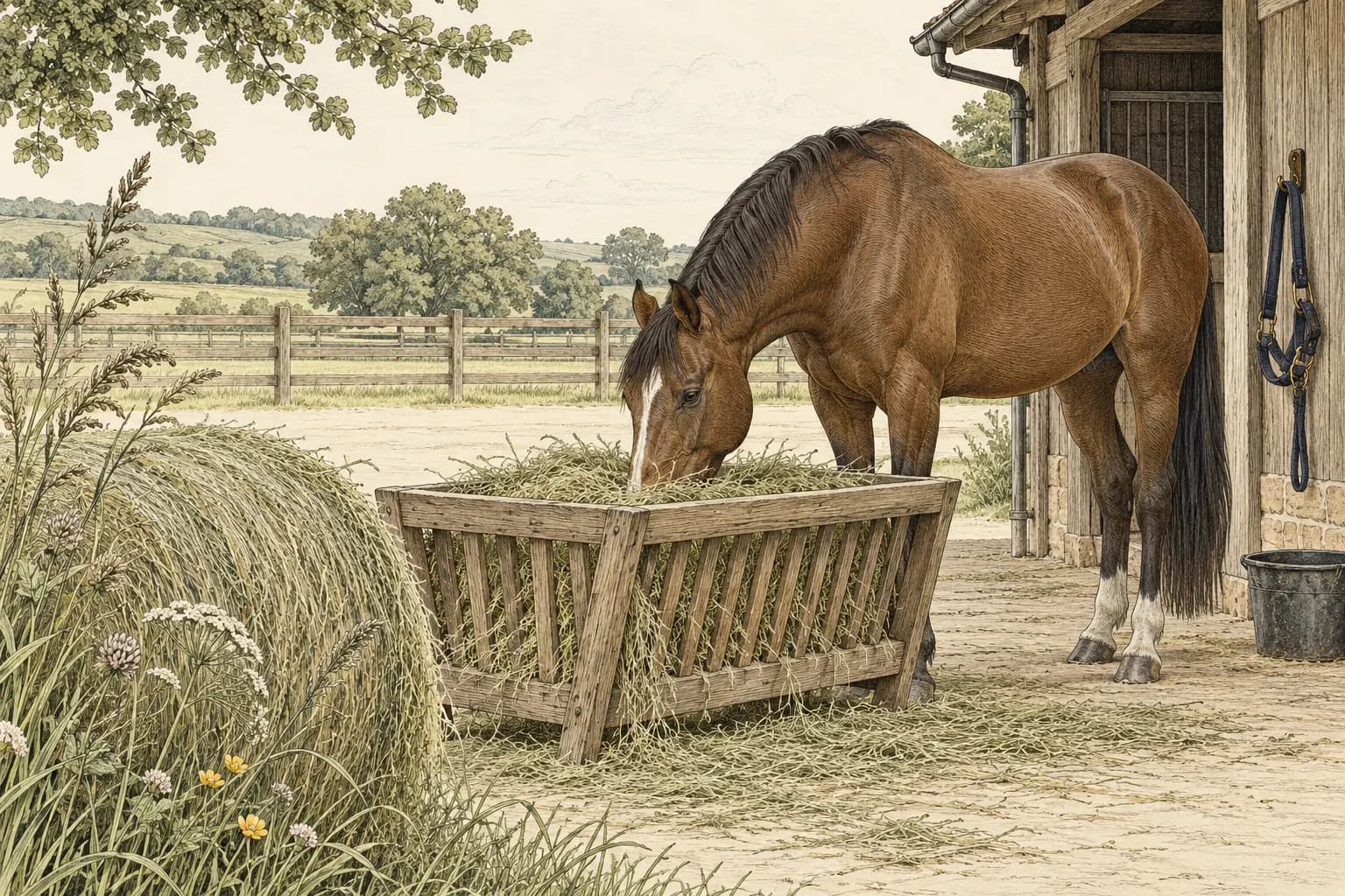 Ein Pferd frisst Wiesenheu aus einer Holzraufe; im Vordergrund liegen ein Heuballen und Grashalme.