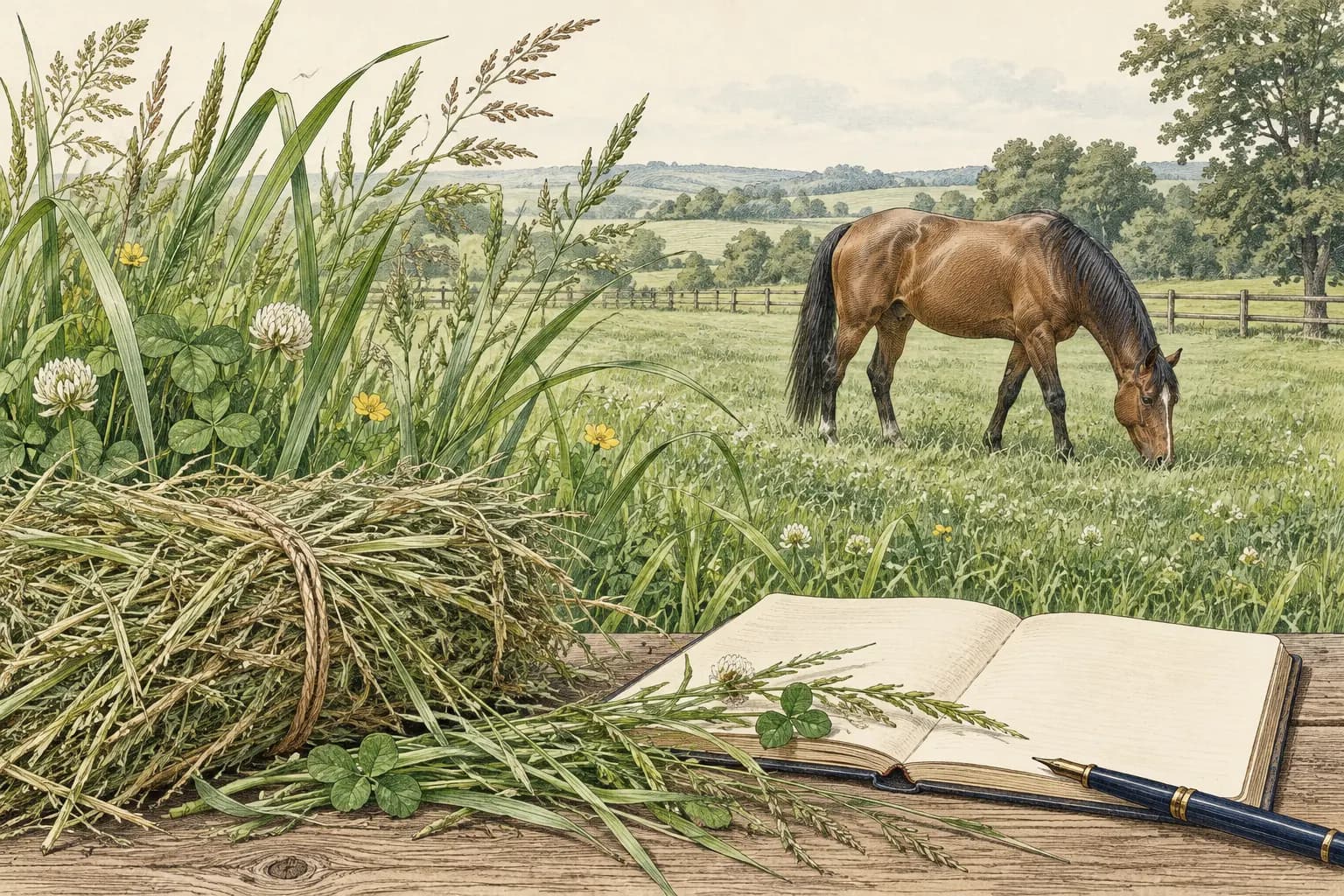 Frisches Weidegras und ein grasendes Pferd, daneben Heu und ein unbeschriftetes Futterprotokoll.