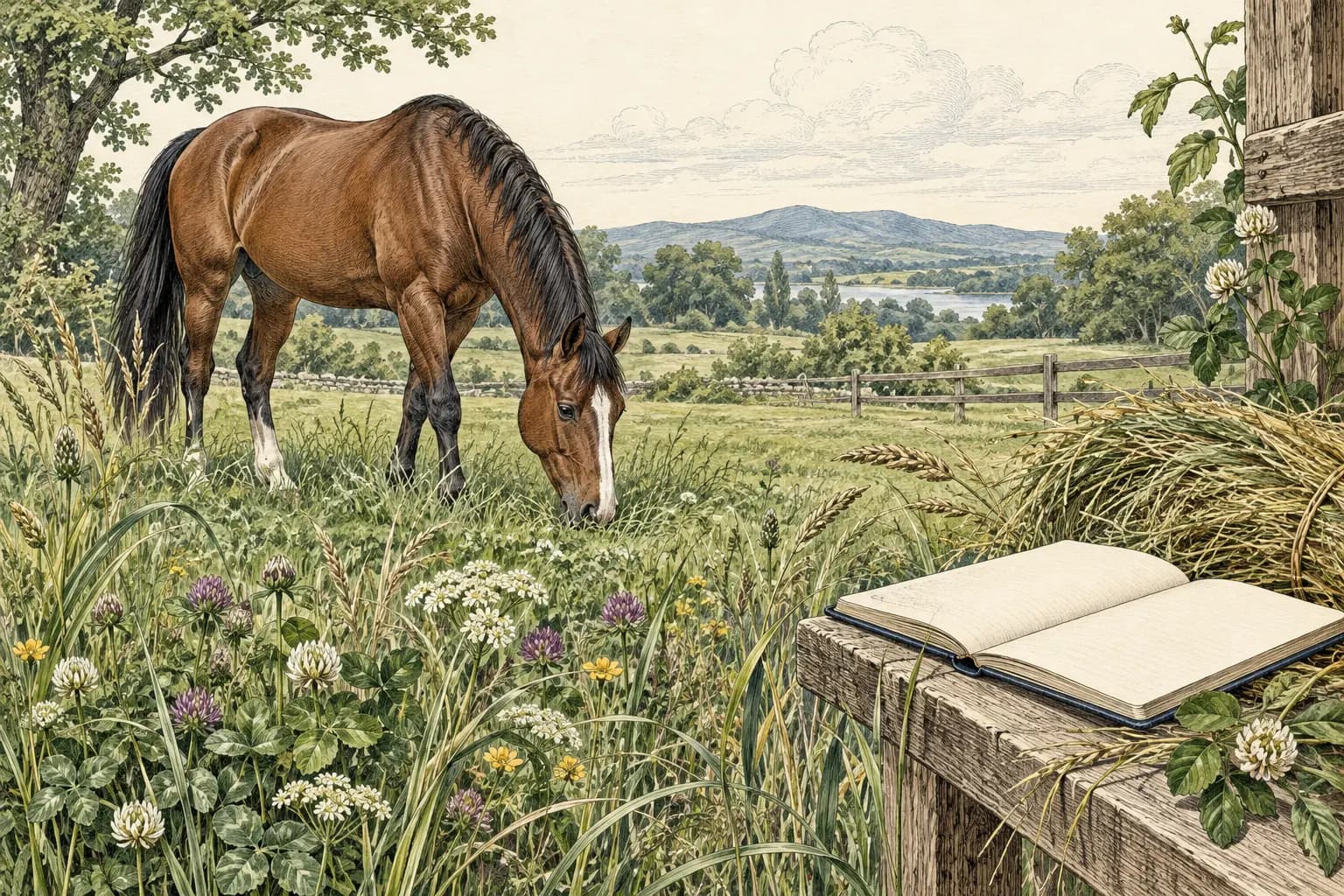 Ein Pferd grast auf einer Wiese mit Gräsern und Klee; am Zaun liegen Heu und ein Futterprotokoll.
